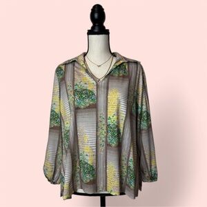 Vintage Retro 80’s Style Floral Linear Print Collared Long Sleeve Blouse Shirt
